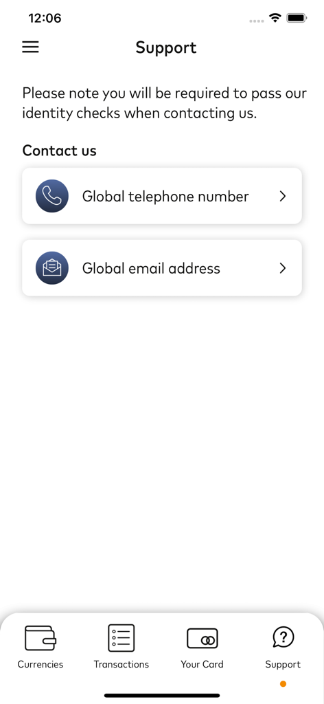 Corporate Cash Passport - Support screen of the Corporate Cash Passport app featuring options for global telephone and email contact.