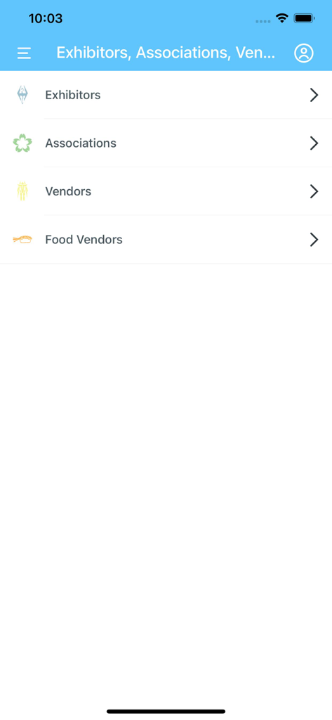 NärCon! - A tela do menu de expositores e fornecedores do aplicativo NarCon.