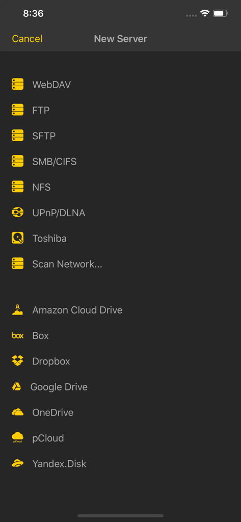 List of network protocols and cloud storage services available for connection in nPlayer including FTP SMB and Google Drive