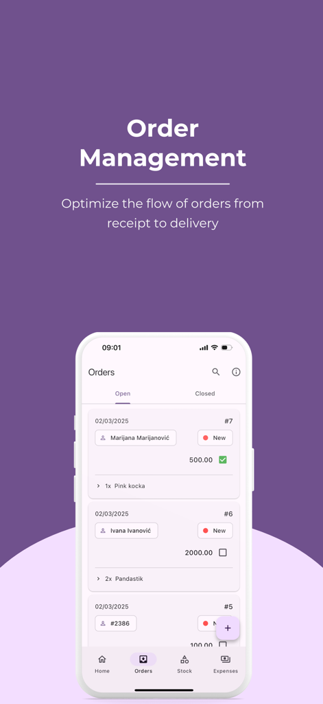My Little Business App - Order management screen of My Little Business App displaying open customer orders and delivery statuses.