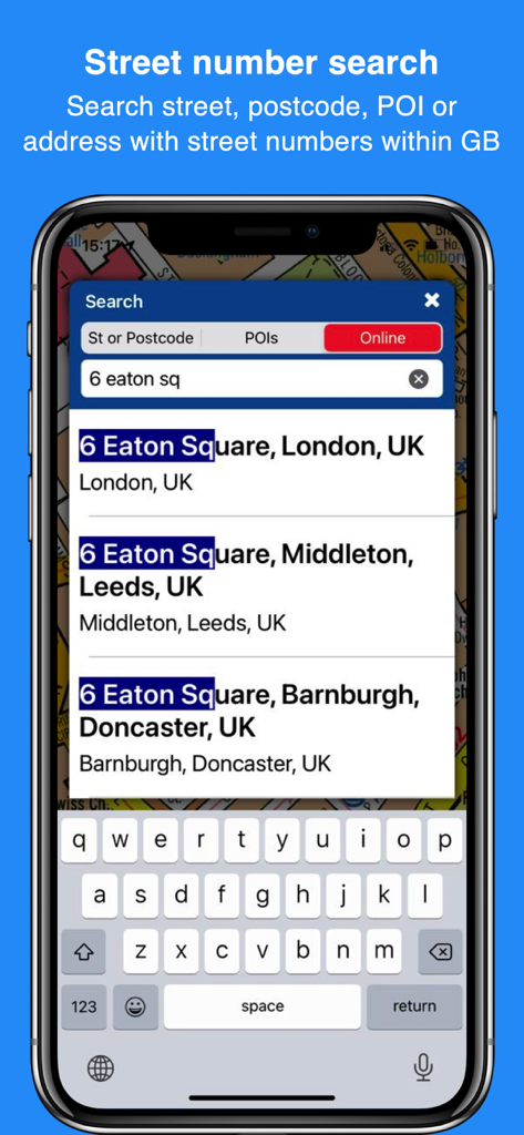 Cabbie's Mate - Cabbie's Mate mobile app interface showing street number search results for Eaton Square on a map background