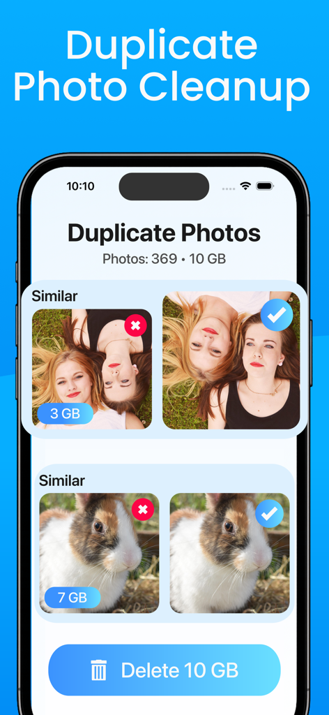 A mobile interface of Cleanup Pro showing similar photos selected for deletion to free up ten gigabytes of phone storage.