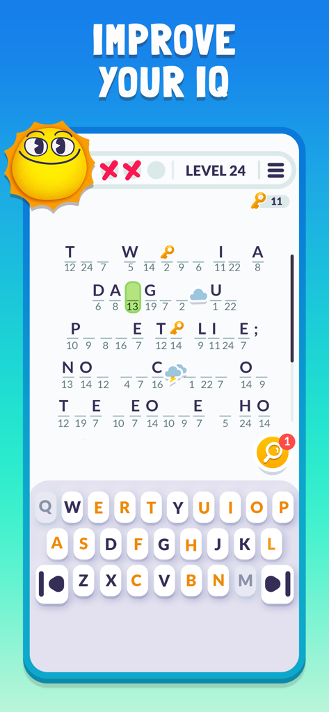 A mobile screen showing a cryptogram logic puzzle at level 24 with a keyboard and an improve your IQ headline
