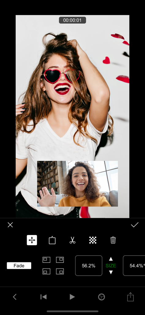 비디오 오버레이와 함께 PIP(Picture-in-Picture) 기능을 보여주는 Filmmaker Pro 비디오 편집기 인터페이스