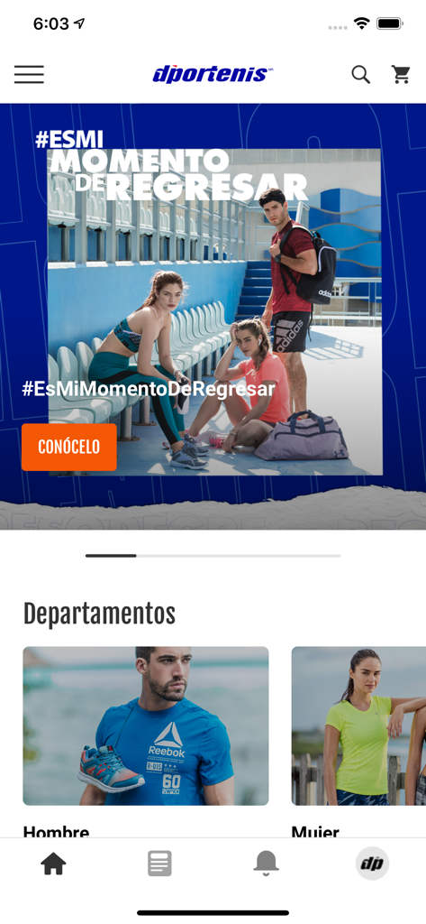 dp - Pantalla de inicio de la app dportenis que presenta categorías de ropa deportiva para hombres y mujeres y un banner promocional.