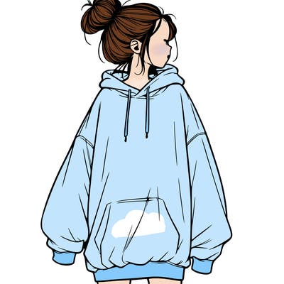 realistic girl with a oversized sweatshirt on and a bun