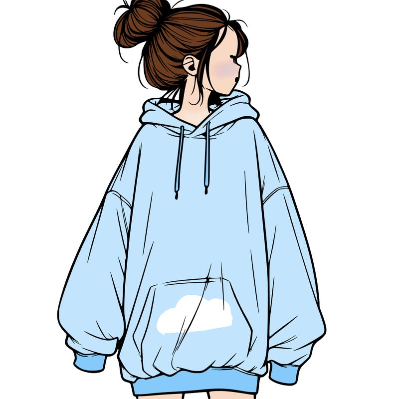 realistic girl with a oversized sweatshirt on and a bun