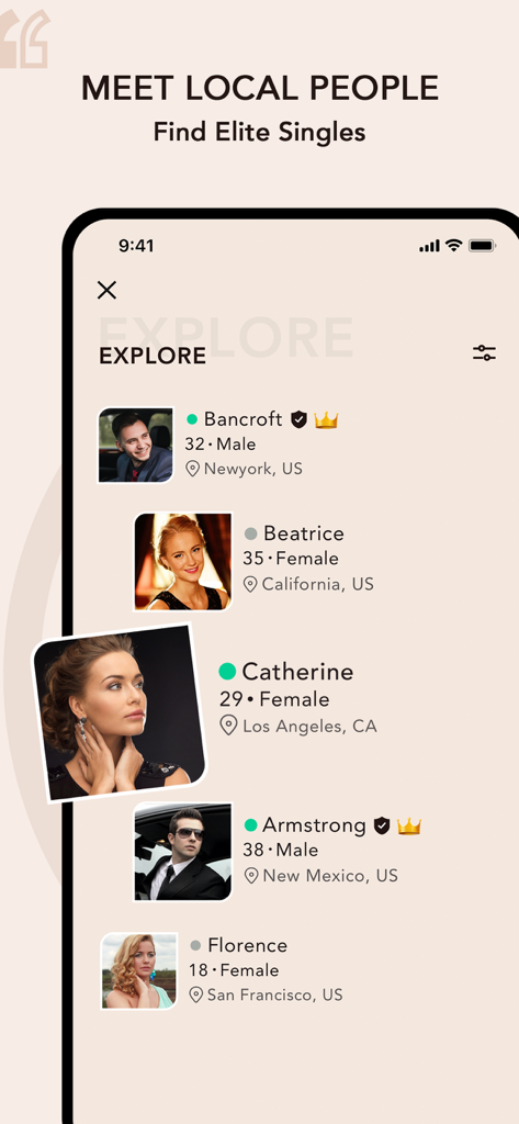 Mobile app screen showing a list of professional singles profiles in the explore section