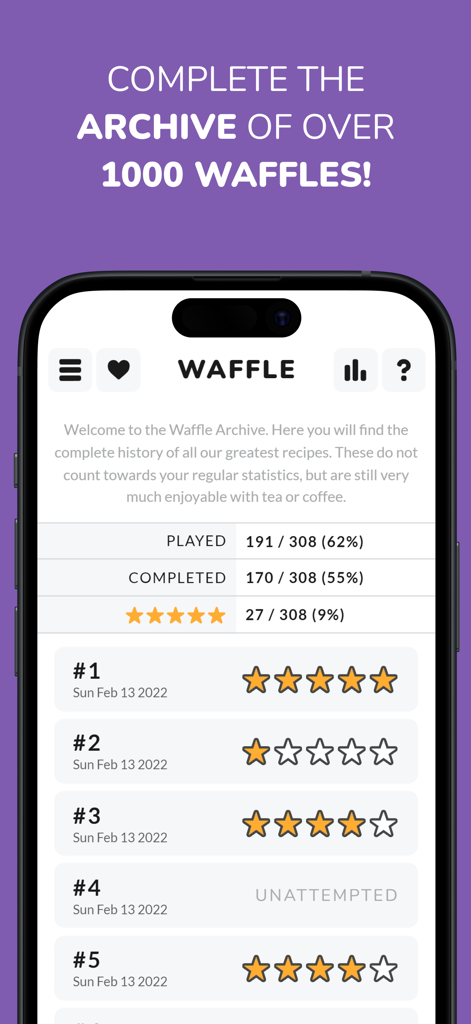 Schermata dell'archivio del gioco di parole giornaliero Waffle che mostra la cronologia dei puzzle e le valutazioni in stelle