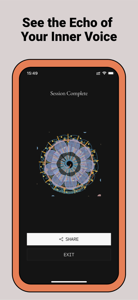 Harmonic Echo app soul print showing colorful sacred geometry on the session complete screen