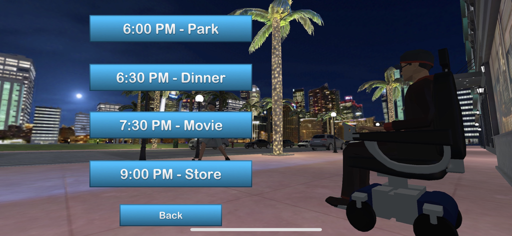 Wheelchair Mobility Experience - Activity schedule menu in the Wheelchair Mobility Experience app featuring a city at night