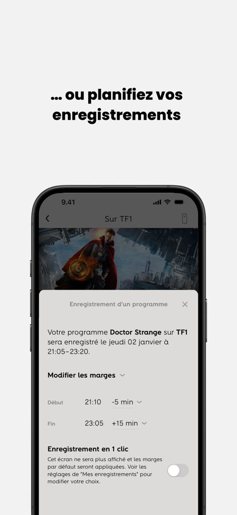 Interface de l'application SFR TV montrant la fonction de planification d'enregistrement à distance pour un film sur une chaîne de télévision française