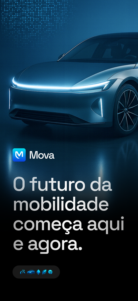 Mova Protocol - Tela de introdução do aplicativo Mova Protocol com um carro elétrico futurista e slogan de mobilidade