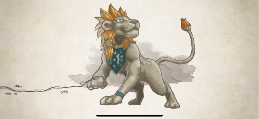 オレンジ色のたてがみと緑色の模様入りカラーを身にまとったスペースファンタジーのライオンのキャラクター