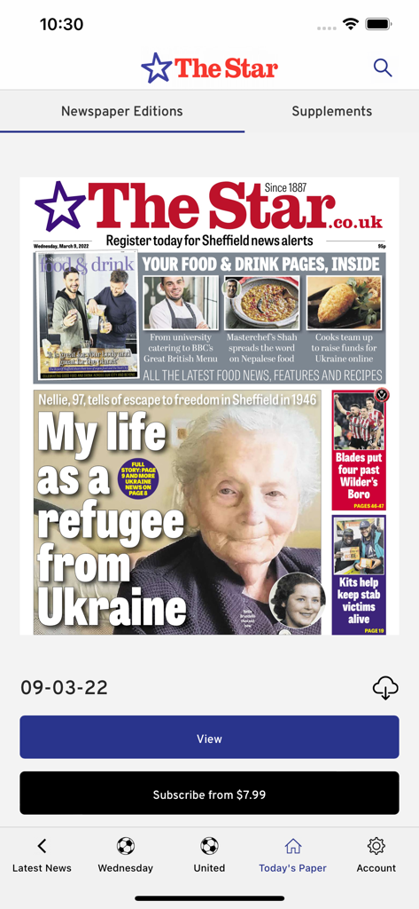 The Sheffield Star Newspaper - Réplica digital de la portada del periódico The Sheffield Star en la interfaz de la aplicación móvil