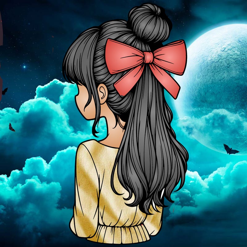 realistic girl  with hip length hair a bun and a big bow on the back of head