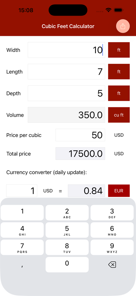 A screenshot of the Cubic Feet Calculator Pro app showing a volume calculation for 10x7x5 feet resulting in 350 cubic feet and a total price calculation.