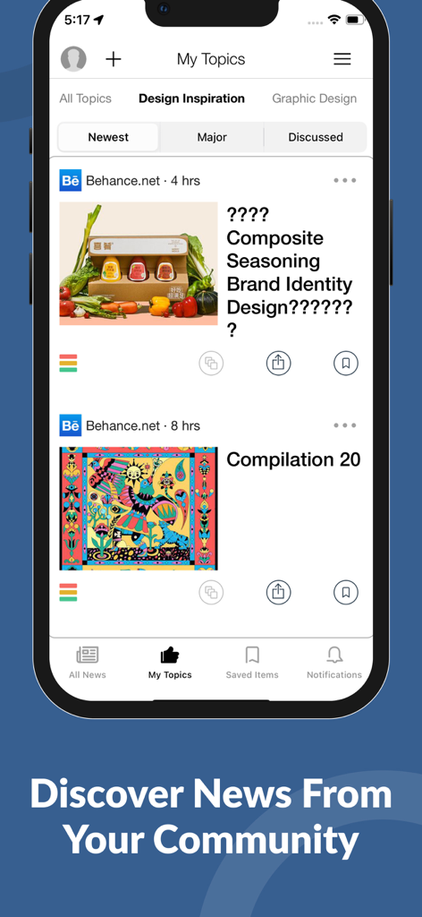 Pantalla de aplicación móvil mostrando un feed seleccionado de inspiración de diseño y noticias de la comunidad bajo la sección Mis Temas