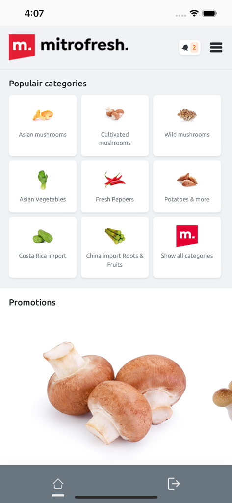 Mitrofresh - Mitrofresh mobile app interface showing various produce categories like Asian mushrooms and vegetables