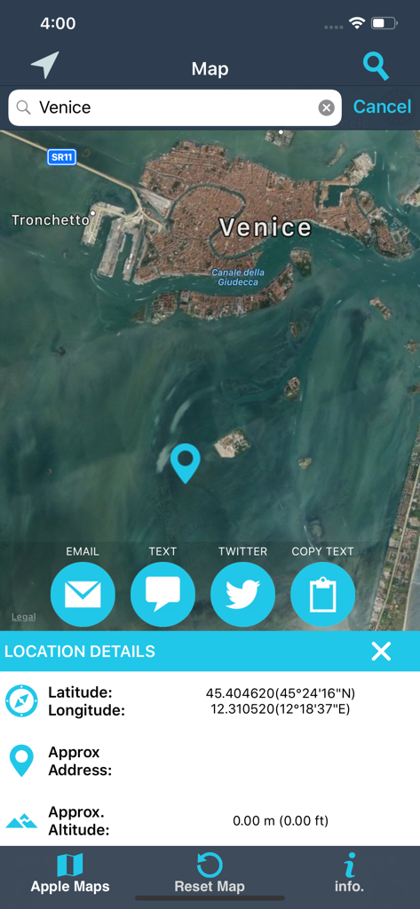 Find My Location details - Find My Location app interface showing latitude and longitude coordinates with a satellite map of Venice