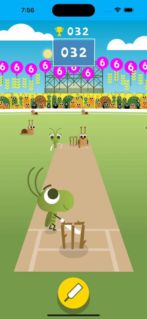 Doodle Cricket - Cricket Game - A cricket match in the Doodle Cricket game featuring insect characters and celebratory balloons.