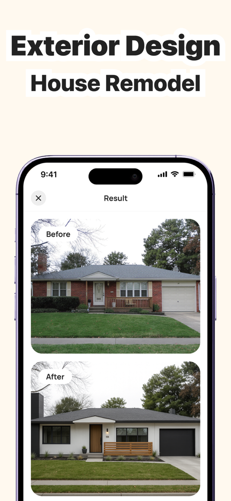 AI Home Remodel – Dekor - Before and after comparison of a house exterior remodel using AI design tool