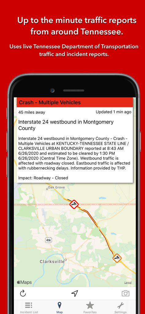 Screenshot of Tennessee State Roads app displaying a multi-vehicle crash alert and map view of Interstate 24