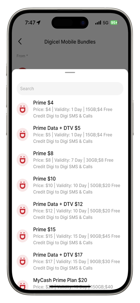 MyCash Digicel - Tela do aplicativo MyCash Digicel mostrando uma lista de pacotes de dados móveis e chamadas para compra