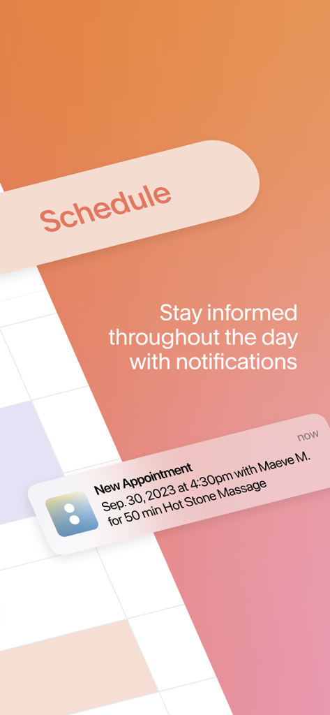 Notification mobile d'Acuity Scheduling montrant un nouveau rendez-vous pour un massage aux pierres chaudes.