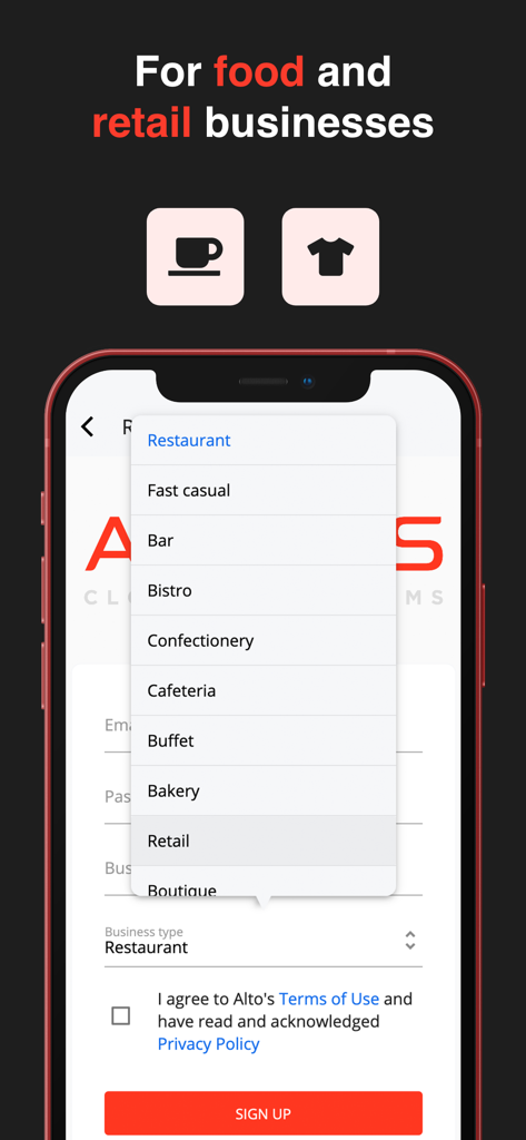 Alto’s POS & Inventory System - Écran mobile montrant la sélection du type d'entreprise pour les entreprises de restauration et de commerce de détail dans Alto POS