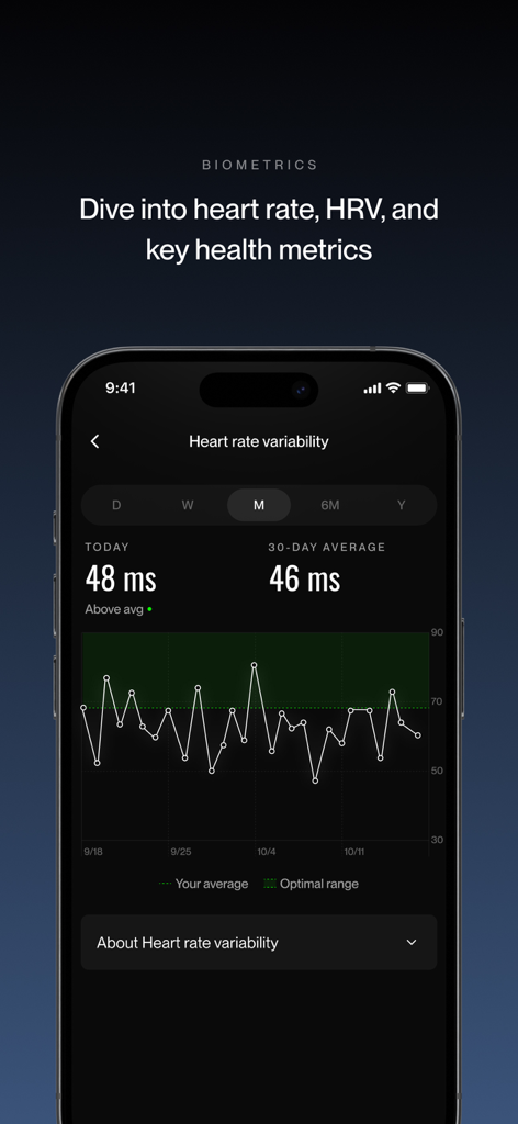 Eight Sleep - Eight Sleep app showing heart rate variability and health biometrics tracking