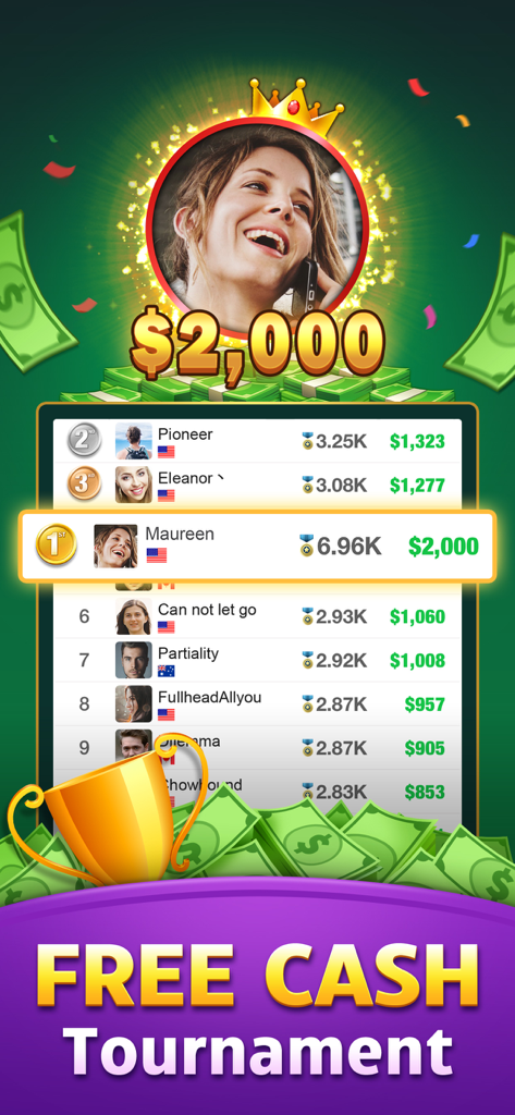 Gin Rummy: Win Real Money - Leaderboard of a free cash tournament in the Gin Rummy app showing top winners and their cash prizes