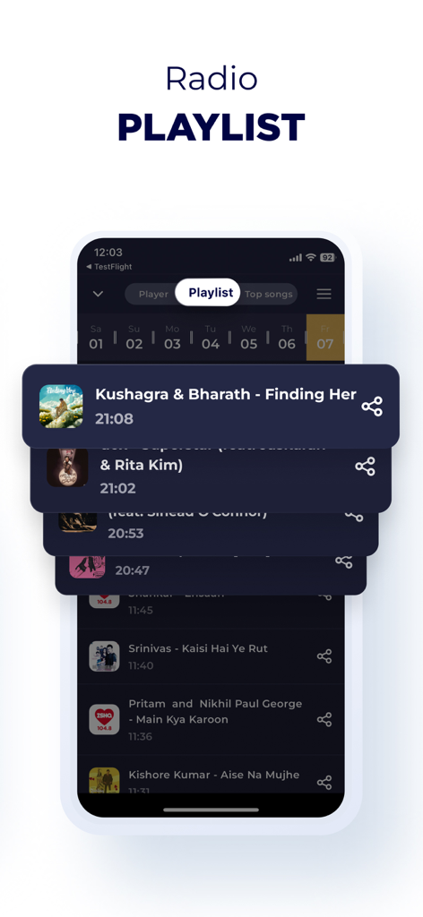 India Radio Online: AIR Radio - Interface of the India Radio Online app displaying a playlist of recently played songs with track titles and broadcast times