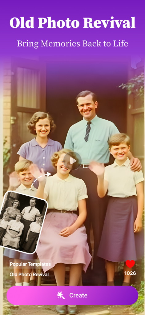Pollo Max: AI ASMR Video Maker - Pollo Max app screen showcasing the AI feature to colorize and animate vintage family photos.