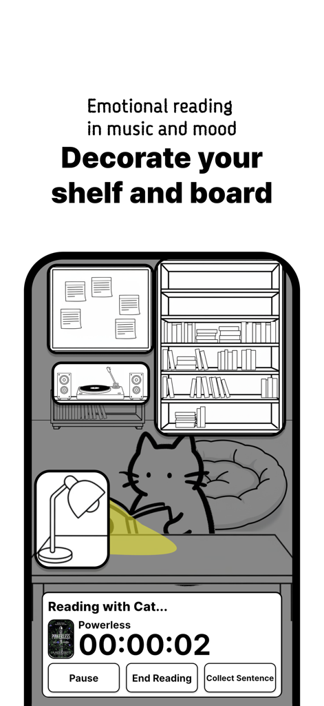 Cozy virtual library interface with a cat at a desk and a bookshelf