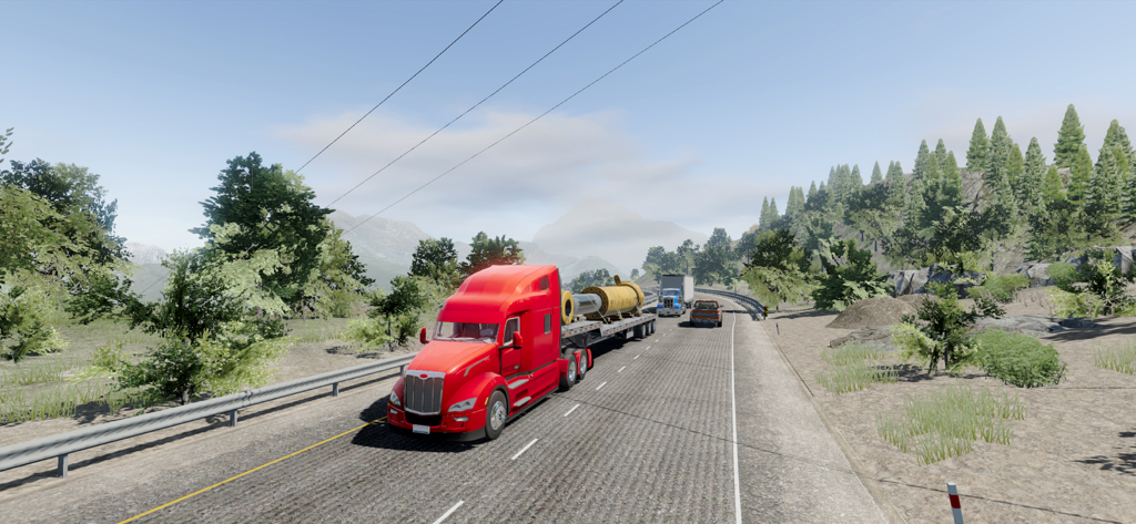 Truck Simulator Big Rigs - A red semi truck hauling heavy cargo on a scenic mountain highway