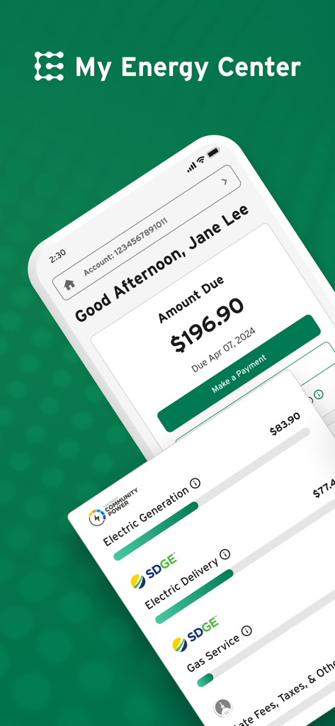 My Energy Center - Mobile app interface for My Energy Center showing bill amount due and energy service providers like SDGE