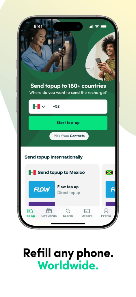 Recharge.com: Mobile top up - Recharge.com app screen showing international phone credit refill options for over 180 countries.