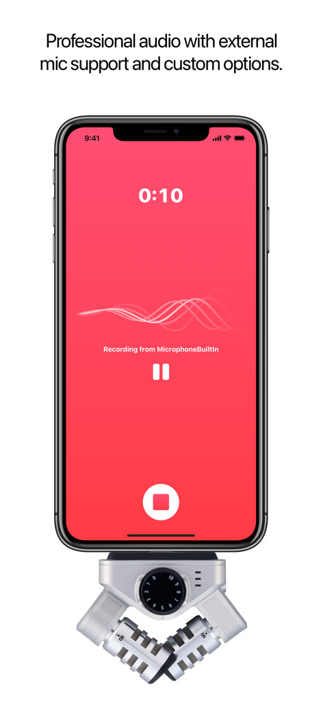 Just Press Record - Just Press Record app interface on an iPhone connected to a professional external microphone