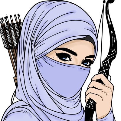 realistic muslim woman face covered holding a bow and arrows