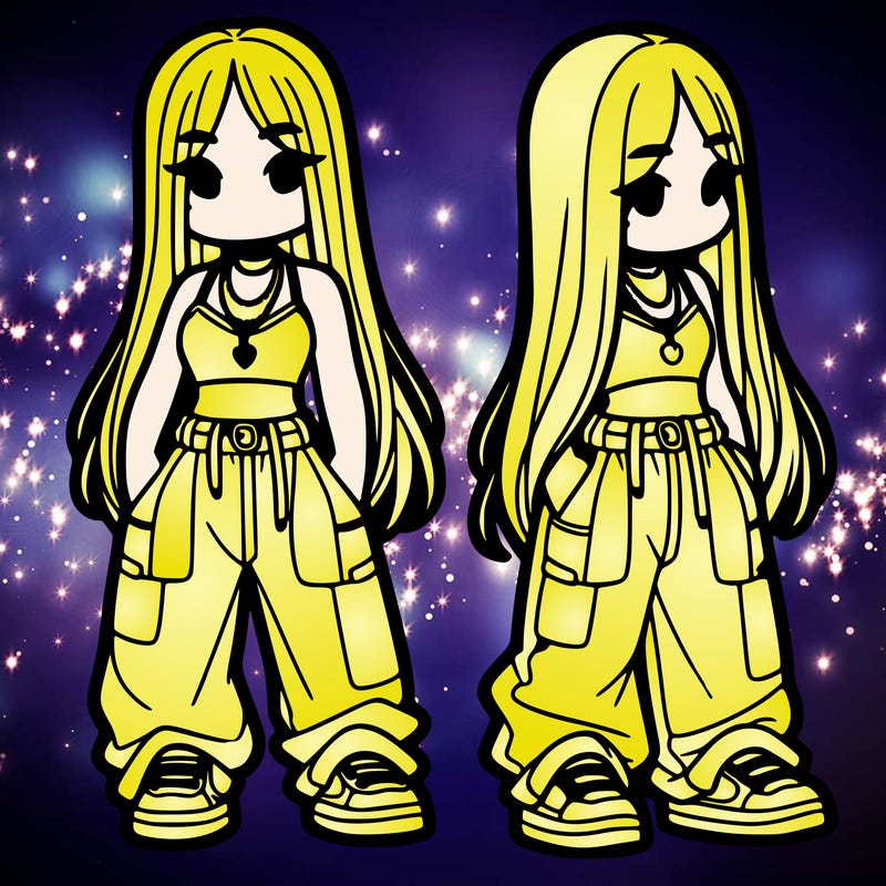 girl in baggy pants crop top and long hair