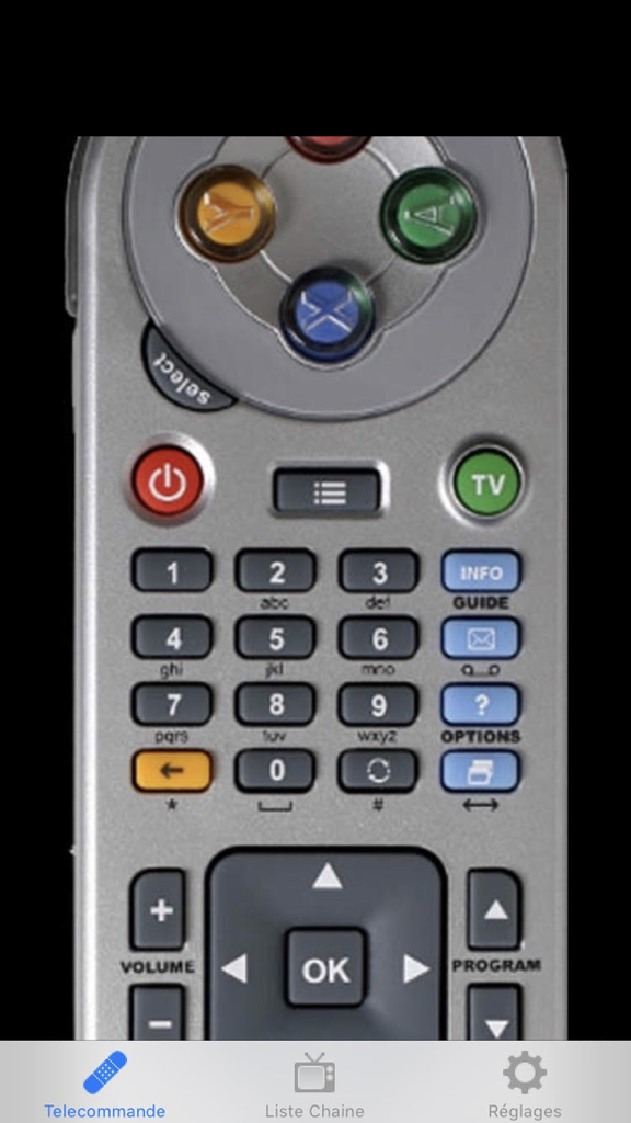 Capture d'écran de l'application Freebox Telecommande montrant une interface de télécommande virtuelle avec des boutons de navigation et numériques