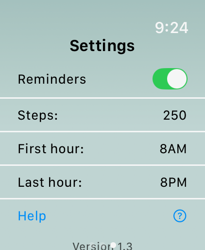 Hourly Steps Reminder - The settings interface of the Hourly Steps Reminder Apple Watch app showing a step goal of 250 and reminder times.