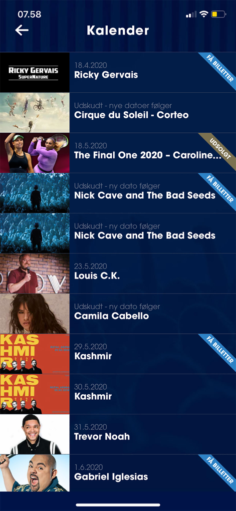 Mobile app interface of Royal Arena showing a vertical list of upcoming events and ticket status