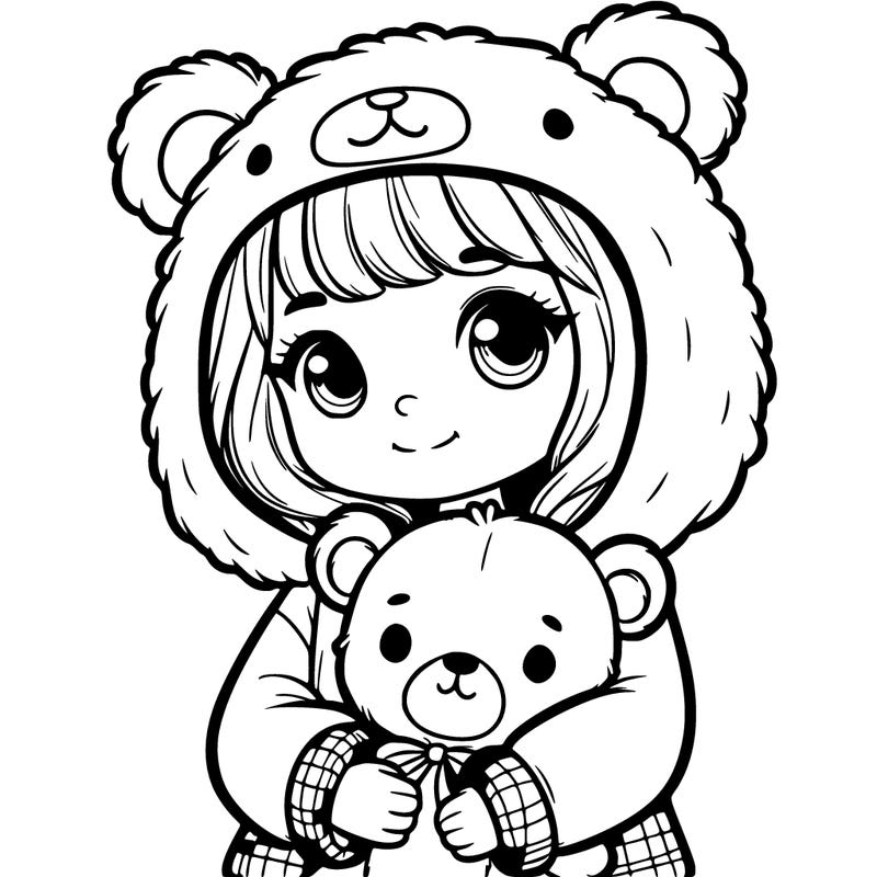 a girl  with a bear hood holding a teddy bear