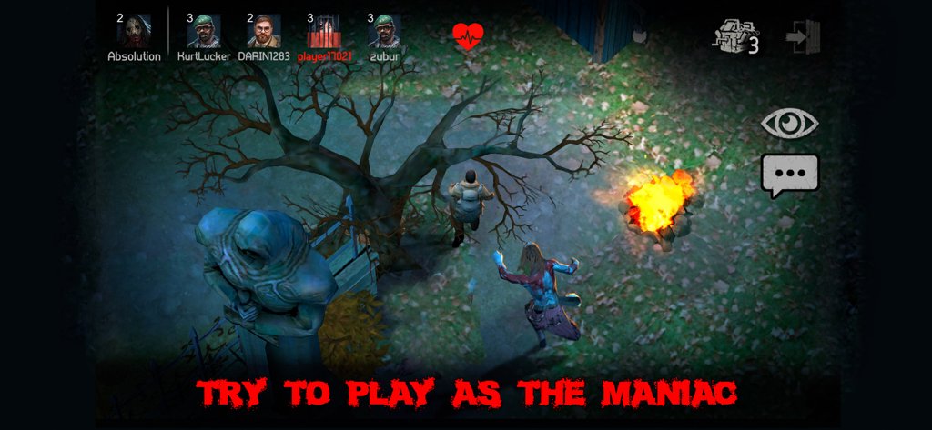 A maniac character chases a survivor near a campfire in the horrorfield mobile game