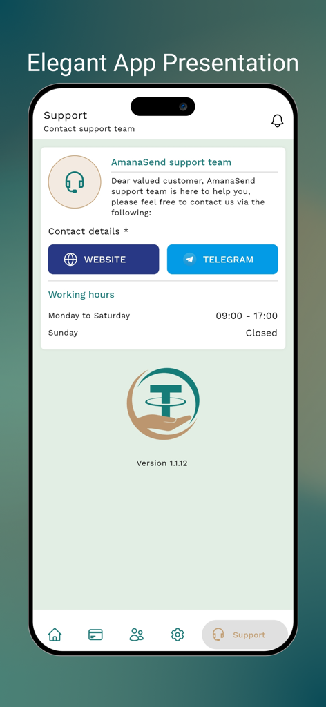 Amana Send - 아마나 센드 앱 지원 인터페이스, 웹사이트 및 텔레그램을 통한 연락 옵션 및 운영 시간 표시