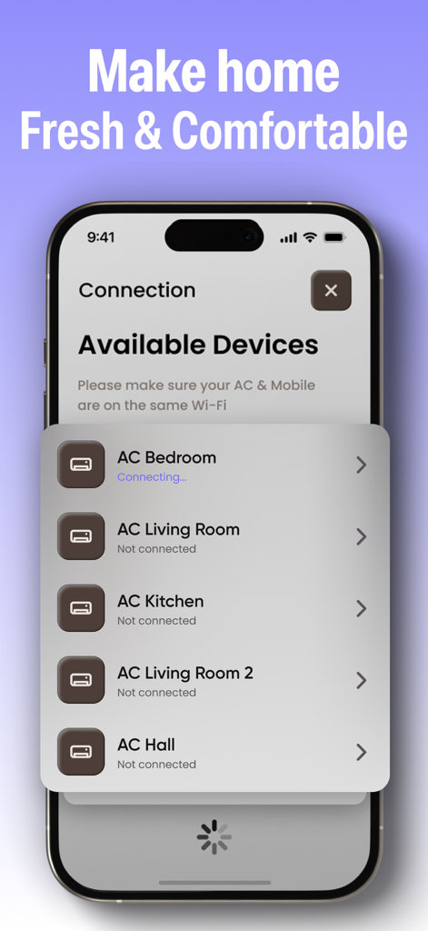 Uma tela de smartphone exibindo a interface de conexão de dispositivos disponíveis do aplicativo Air Conditioner Pro listando unidades de AC em diferentes cômodos.