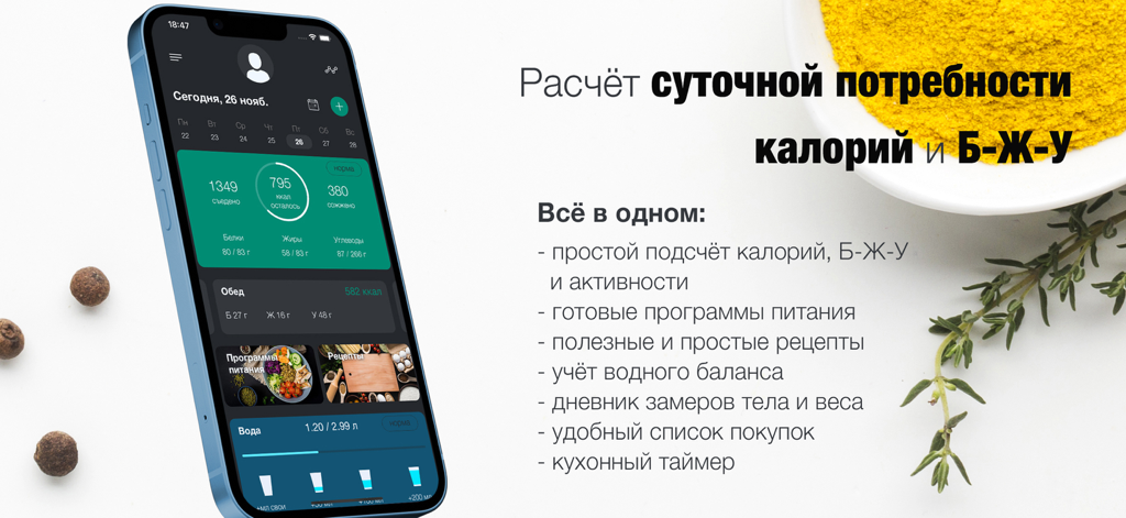 Smartphone displaying the Nutrition Diary Calories app interface for tracking daily calorie and macro intake