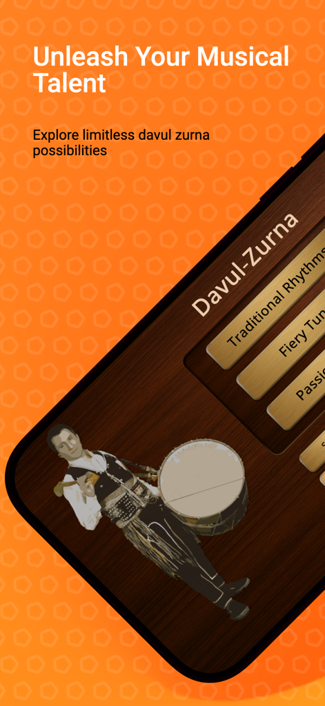Mobile app screen showing a traditional Turkish drummer for Davul and Zurna rhythms